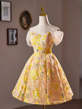 Yellow Floral Sequins Knee Length Prom Dress, Off the Shoulder Evening Party Dress HZ1024