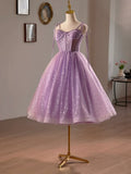 Purple Tulle A-Line Knee Length Party Dress, Lovely Spaghetti Strap Evening Prom Dress HZ1024