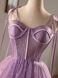 Purple Tulle A-Line Knee Length Party Dress, Lovely Spaghetti Strap Evening Prom Dress HZ1024