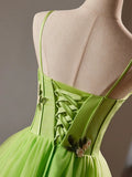 Beautiful Green Lace Flower Short Party Dress, Lovely Spaghetti Straps Sleeveless Backless Evening Dress HZ1024