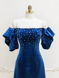 Blue Velvet A-Line Short Prom Dress with Pearls, Off the Shoulder Evening Party Dress HZ1024