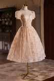 Cute Tulle Flower Tea Length Prom Dress, Beautiful Short Sleeve A-Line Evening Party Dress HZ1024