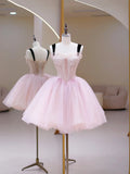 Pink Tulle Sequins Sweetheart Short Prom Dress, Pink Straps Party Dress HZ1024