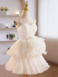 White Tulle Sweetheart Short Prom Dress, White Tulle Straps Party Dress HZ1024
