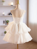 White Tulle Sweetheart Short Prom Dress, White Tulle Straps Party Dress HZ1024