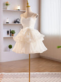White Tulle Sweetheart Short Prom Dress, White Tulle Straps Party Dress HZ1024
