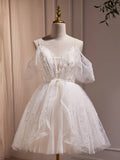 Ivory V-Neck Beaded Straps Party Dress, Ivory Knee Length Prom Dress HZ1024