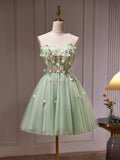 Green Tulle Beaded Party Dress, Green Short Prom Dress with Flowers HZ1024