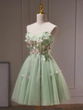 Green Tulle Beaded Party Dress, Green Short Prom Dress with Flowers HZ1024