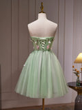 Green Tulle Beaded Party Dress, Green Short Prom Dress with Flowers HZ1024