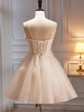 Champagne Spaghetti Strap Party Dress, Cute A-Line Evening Dress Homecoming Dress HZ1024