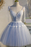 Previous Next Blue Lace Short A-Line Prom Dress, Cute Spaghetti Strap Party Dress HZ1024