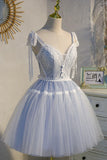 Previous Next Blue Lace Short A-Line Prom Dress, Cute Spaghetti Strap Party Dress HZ1024