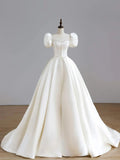 White Satin Long Formal Wedding Dress, Elegant Short Sleeve Evening Dress HZ1024