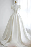 White V-Neck Satin Long Formal Dress, Wedding Formal Dress HZ1024
