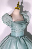 Green Tulle Floor Length Prom Dress, Lovely Short Sleeve Formal Evening Gown HZ1024