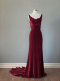 Wine Red Velvet Backless Straps Prom Dress, Wine Red Velvet Party Dress HZ1024