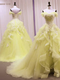Yellow Tulle with Lace Sweetheart Long Formal Dress, Yellow Tulle Prom Dress HZ1024