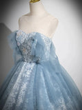 Light Blue A-line Lace and Tulle Long Party Dress, Blue Round Neckline Prom Dress HZ1024