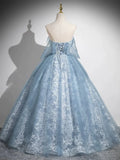 Light Blue A-line Lace and Tulle Long Party Dress, Blue Round Neckline Prom Dress HZ1024