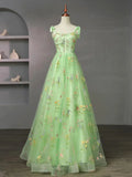 Light Green Tulle Floral Straps Long Formal Dress, Light Green Prom Dress HZ1024