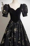 Black A-line Short Sleeves Sweetheart Floral Long PartY Dress, Black Prom Dress HZ1024