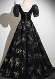 Black A-line Short Sleeves Sweetheart Floral Long PartY Dress, Black Prom Dress HZ1024