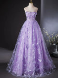 Purple Lace Strapless Floor Length Party Dress, Purple Lace Long Prom Dress HZ1024