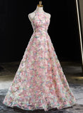 Pink Halter A-line Floral Lace Long Party Dress, Pink Low Back Prom Dress HZ1024