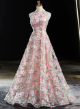 Pink Halter A-line Floral Lace Long Party Dress, Pink Low Back Prom Dress HZ1024