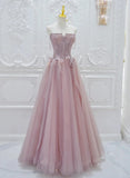 Pink Tulle with Lace A-line Prom Dress, Pink Tulle Party Dress HZ1024