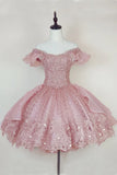 Vintage Pink Beading Design Short Evening Dress, A-line Off-the-shoulder Homecoming Dress HZ1024