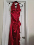 Vintage Hot Red Satin Prom Dress V-neck Ruffles Halter Dress Evening Dress A-Line Formal Dress HZ1024