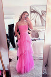 Hot Pink New Style Spaghetti Straps Floor Length Prom Dress with Ruffles HZ1024
