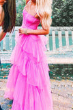 Hot Pink New Style Spaghetti Straps Floor Length Prom Dress with Ruffles HZ1024