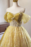 Vintage Yellow Floral Tulle Knee Length Prom Dress, Lovely A-Line Homecoming Dress HZ1024