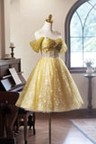 Vintage Yellow Floral Tulle Knee Length Prom Dress, Lovely A-Line Homecoming Dress HZ1024